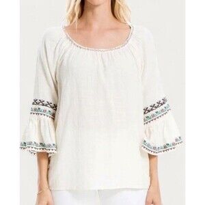 NWT Max Studio Beige Embroidered Boho Peasant Top Blouse Sz L Bell Sleeves Gauzy